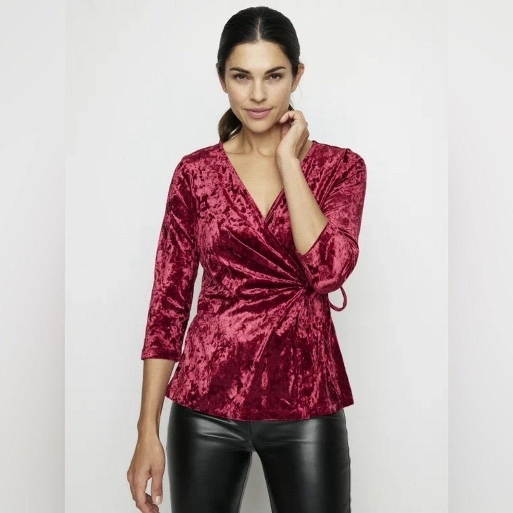 Inner Beauty Burgundy Red Crushed Velvet Surplice Front 3/4 Sleeve Top Size 2X